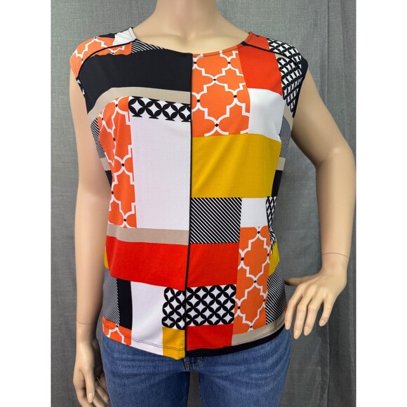 Worthington Women's Size 2X Sleeveless Patchwork Top Orange White Black Yellow - Picture 4 of 8